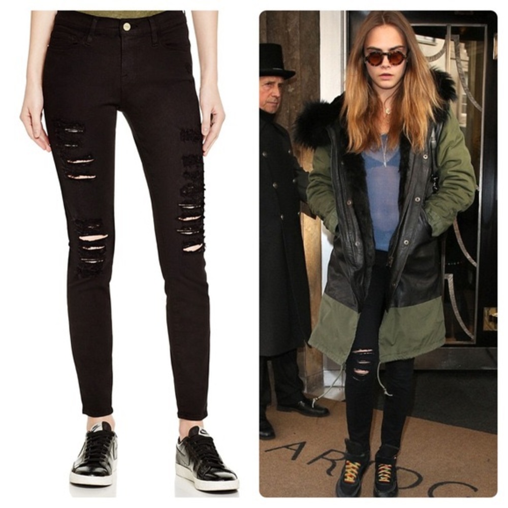 Frame Skinny Black Distressed Jeans in Film Noir